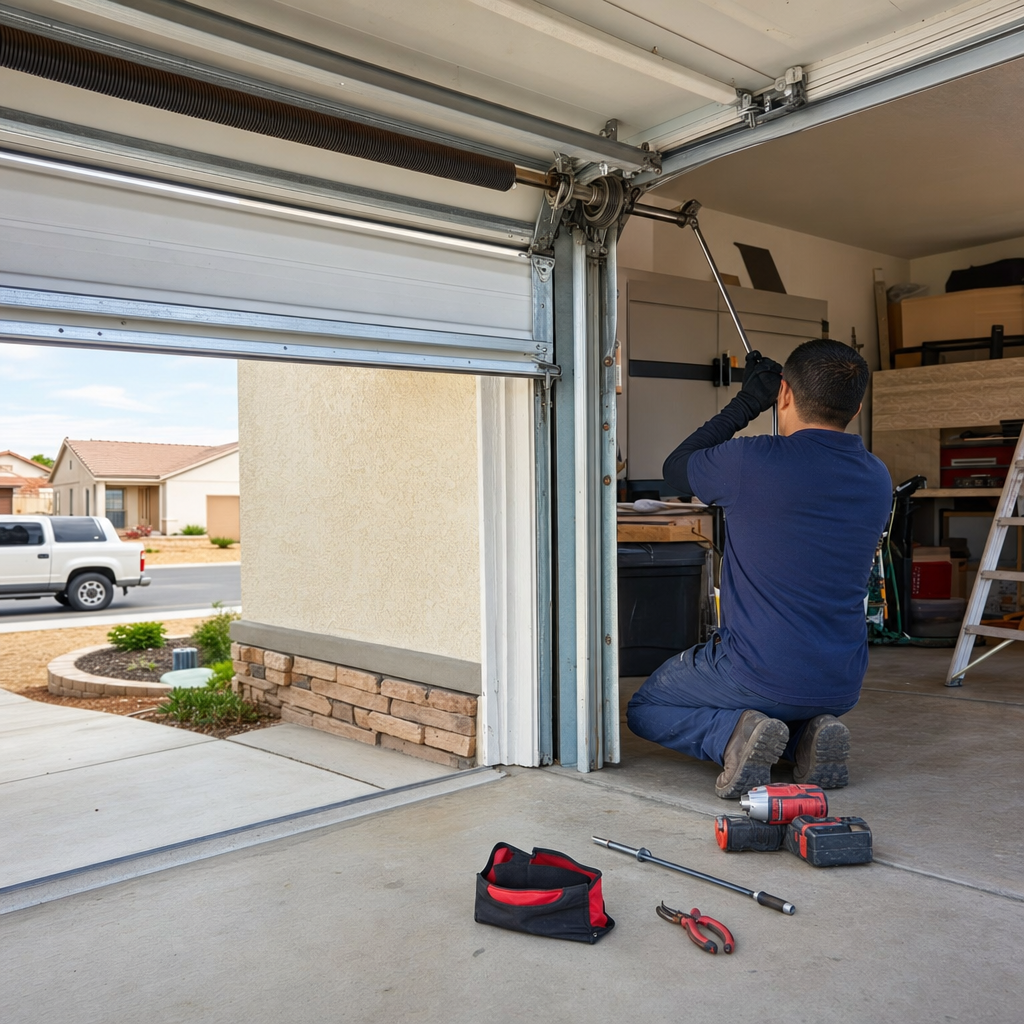 Technician performing emergency garage door repair in a residential garage