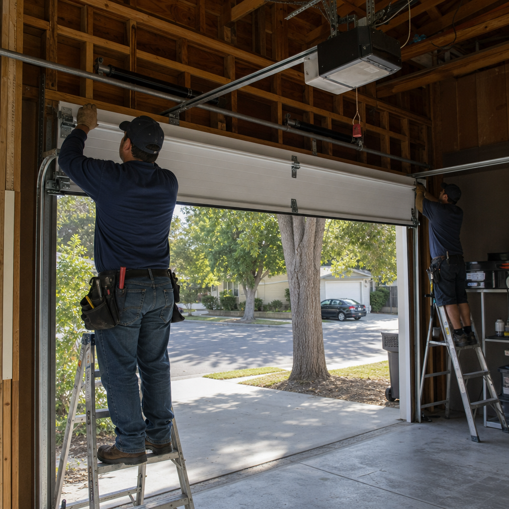 Two professionals performing a professional garage door installation service.