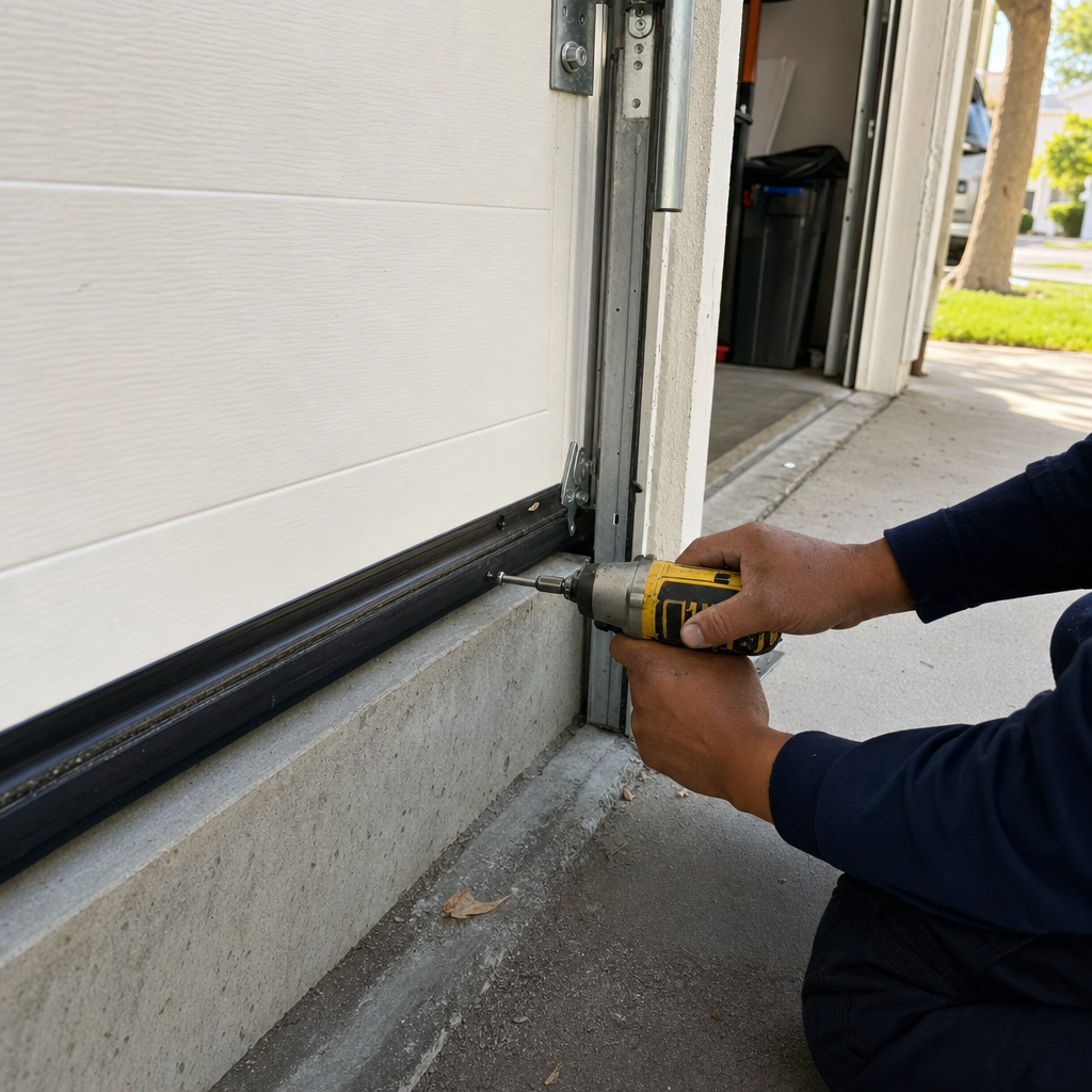 Technician installing garage door bottom weather seal with power drill