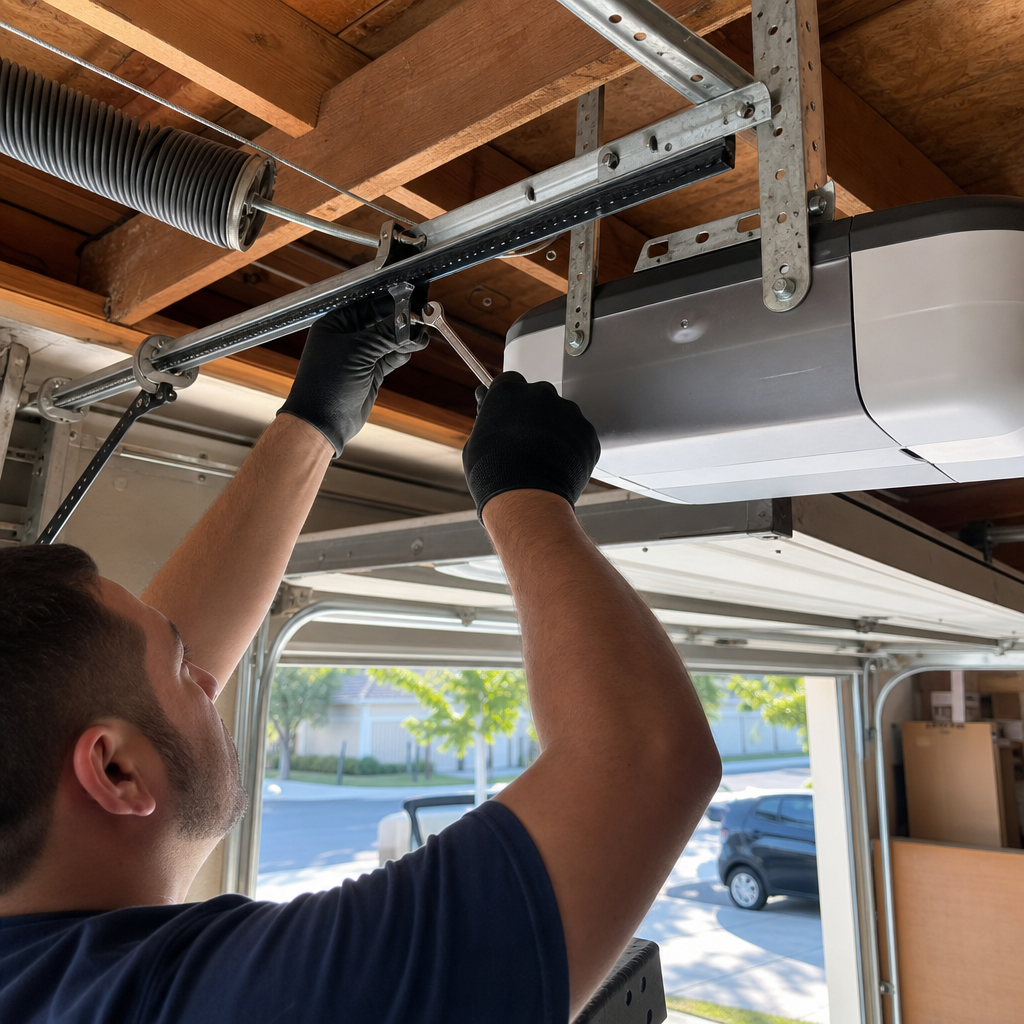 Technician performing professional garage door opener maintenance and repair service