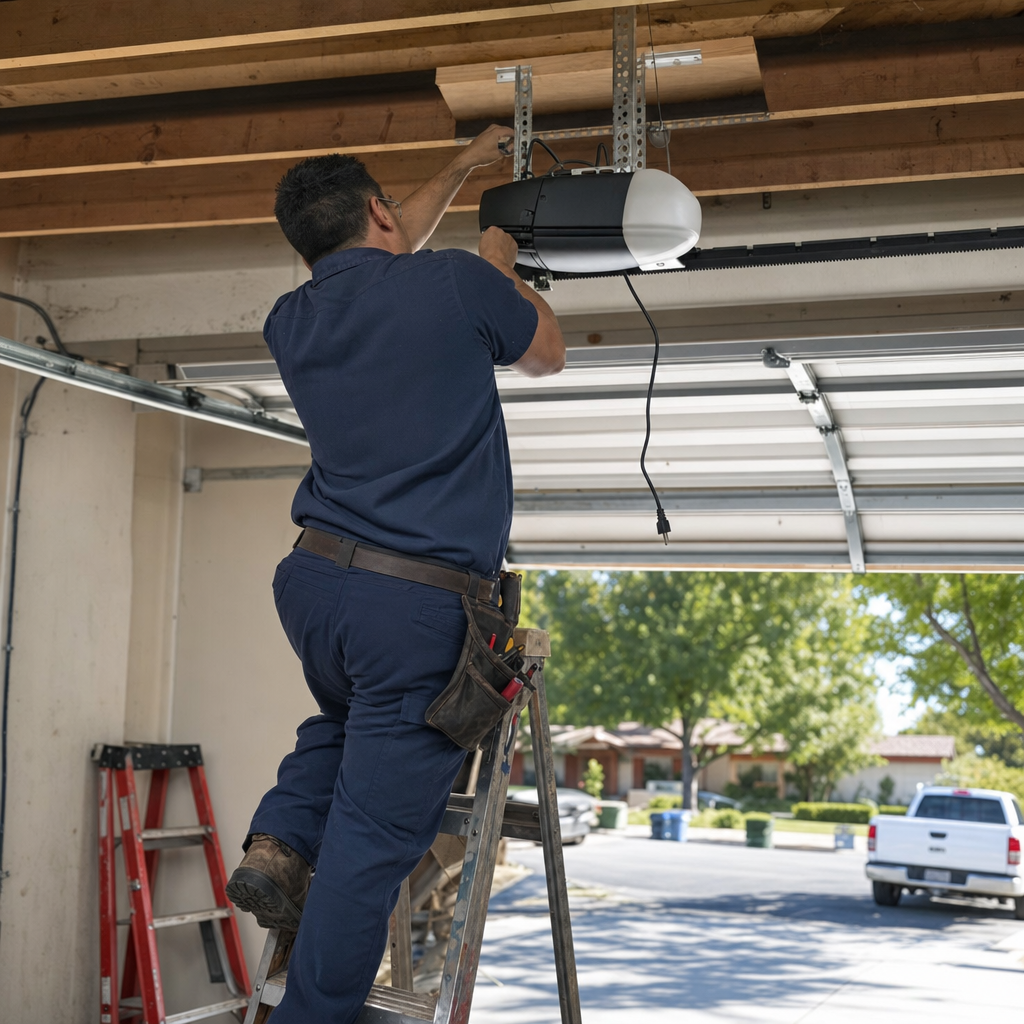 Technician installing a modern garage door opener motor from a ladder