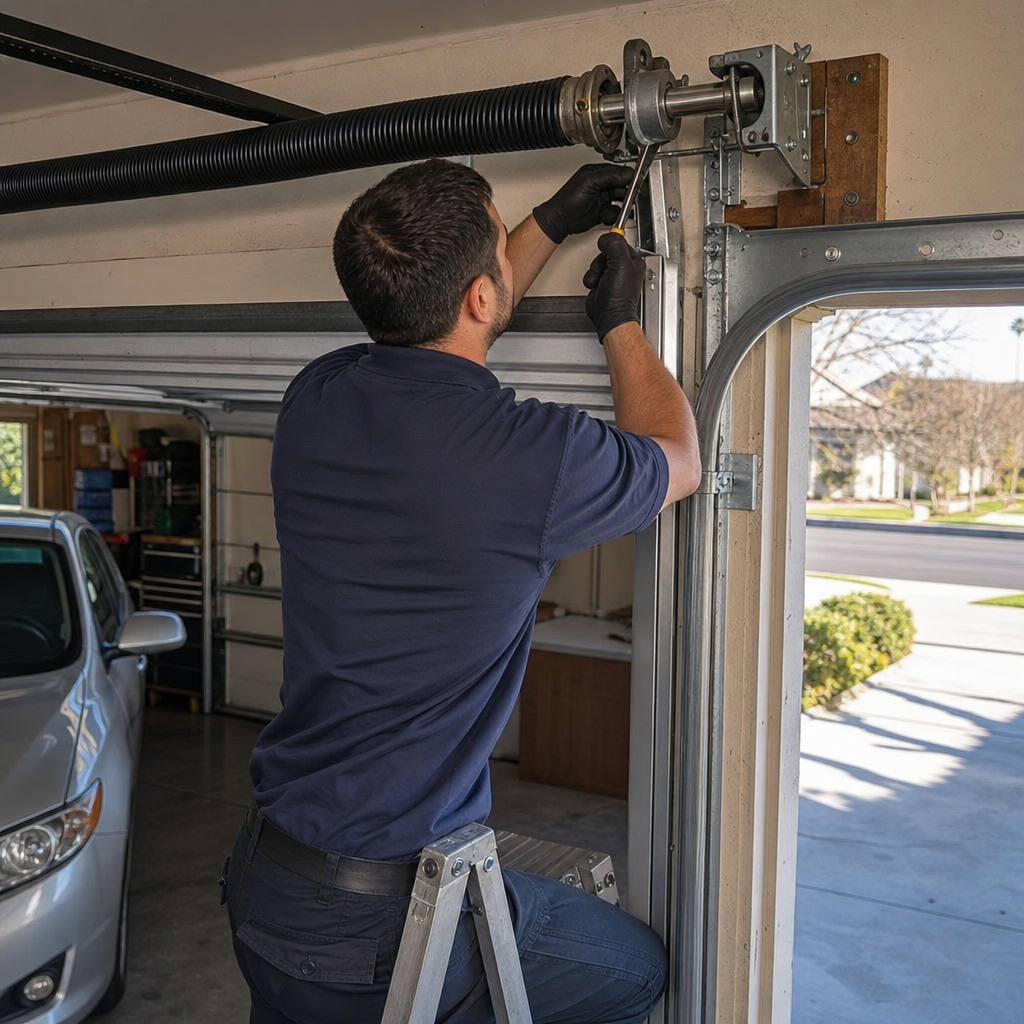 Technician performing professional garage door spring repair and maintenance