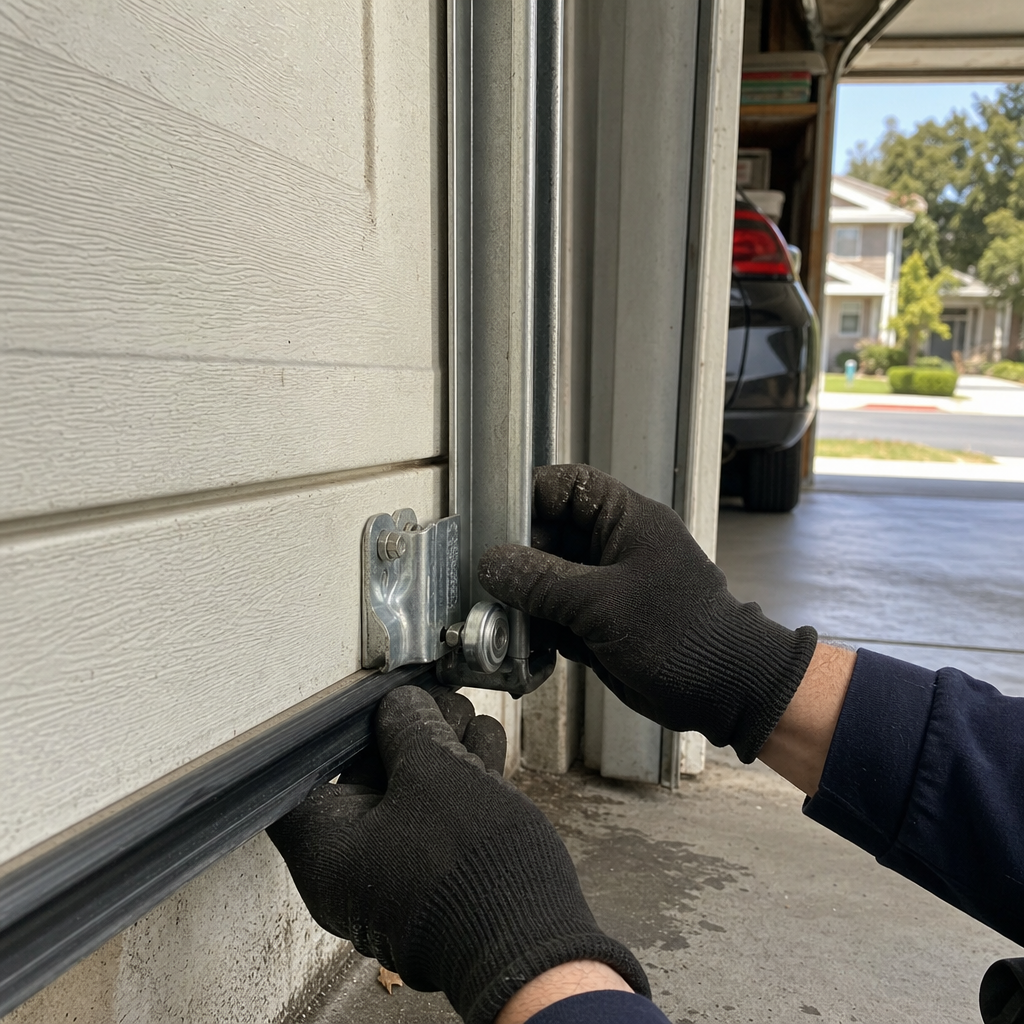 professional garage door technician performing a roller and track repair