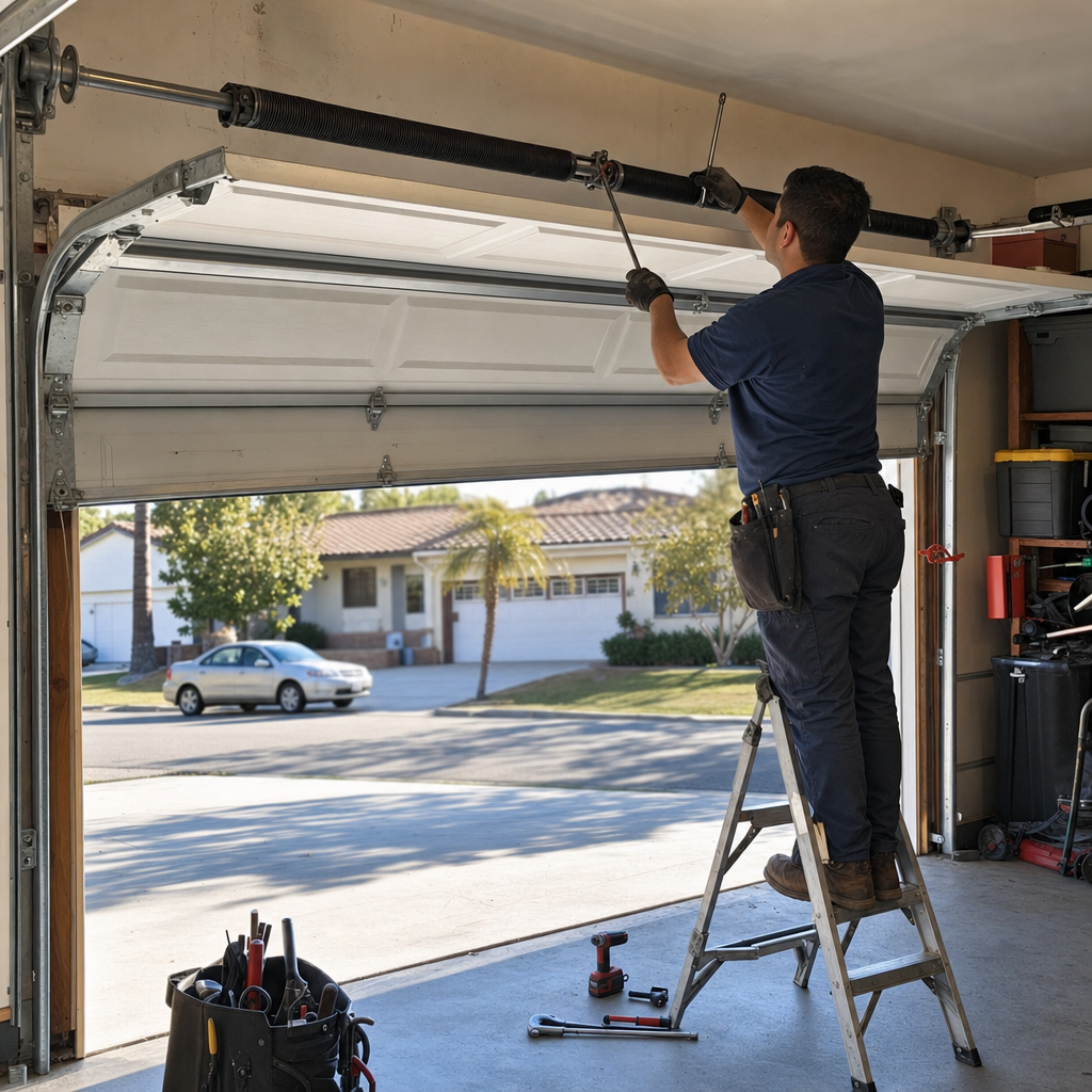 Technician performing professional garage door spring repair and maintenance