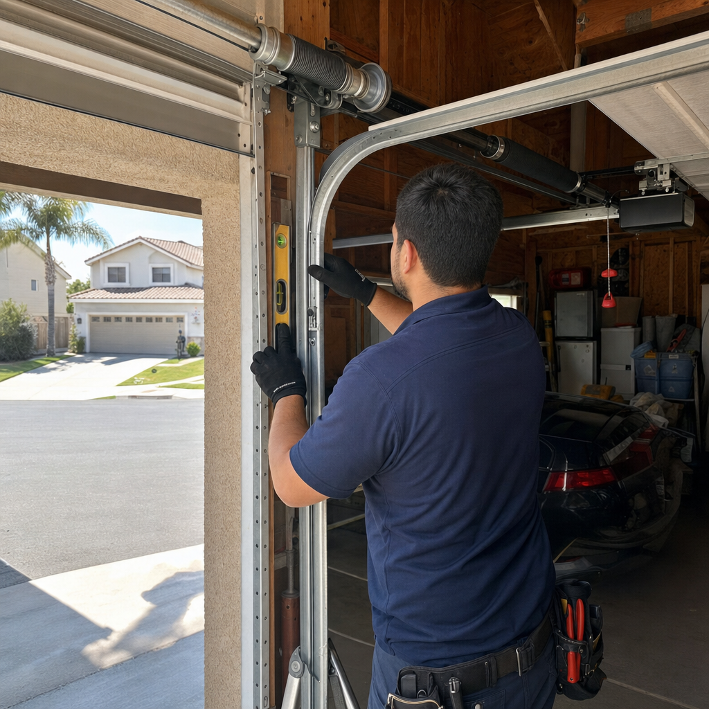 Technician checking vertical alignment of garage door tracks with a level