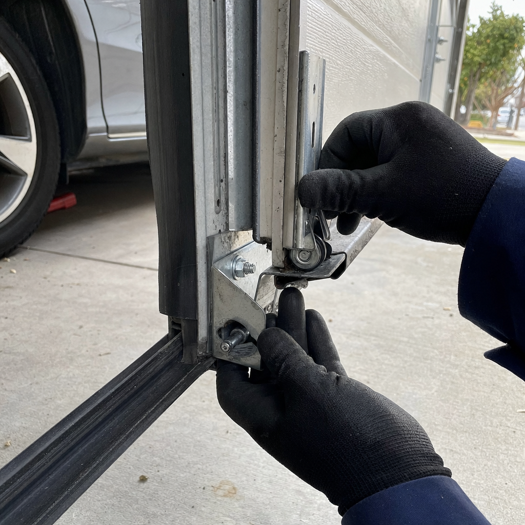 Technician performing emergency garage door repair on bottom bracket and roller in Riverside, CA