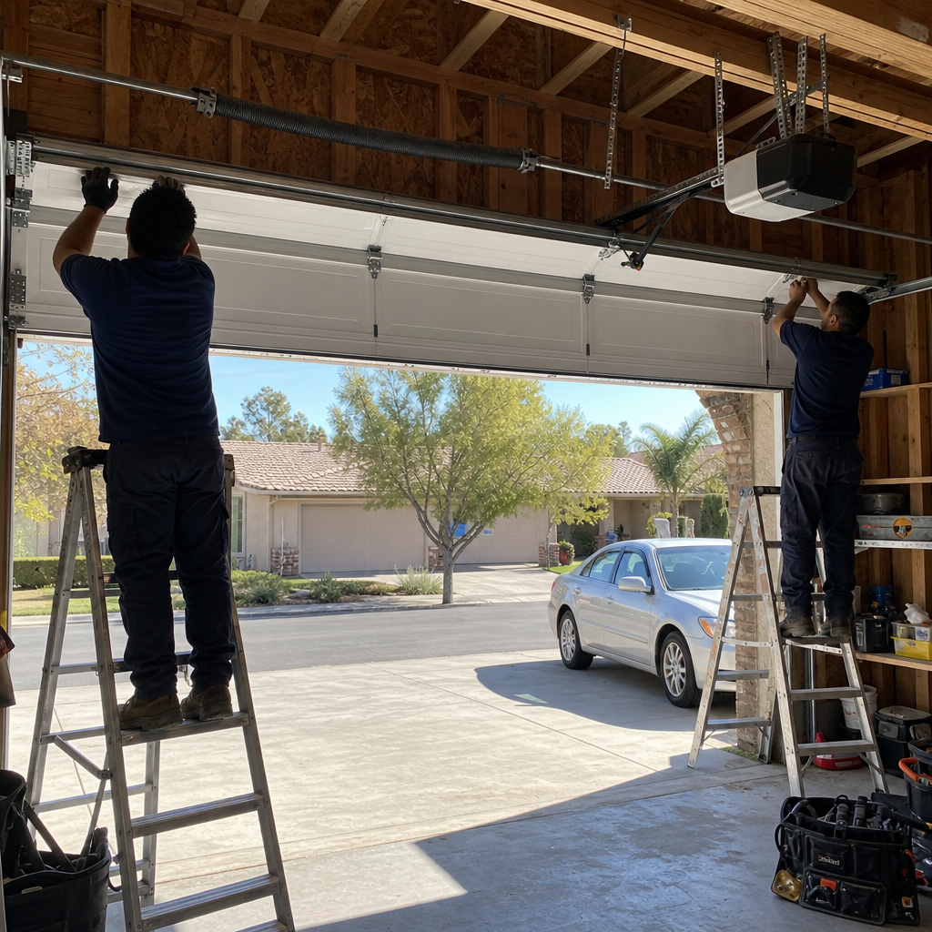 Two professional technicians installing a new residential garage door