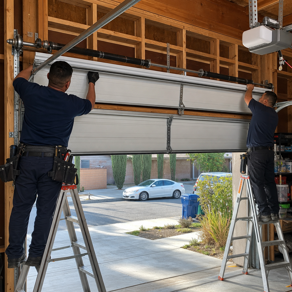 Two technicians professionally installing a new sectional residential garage door