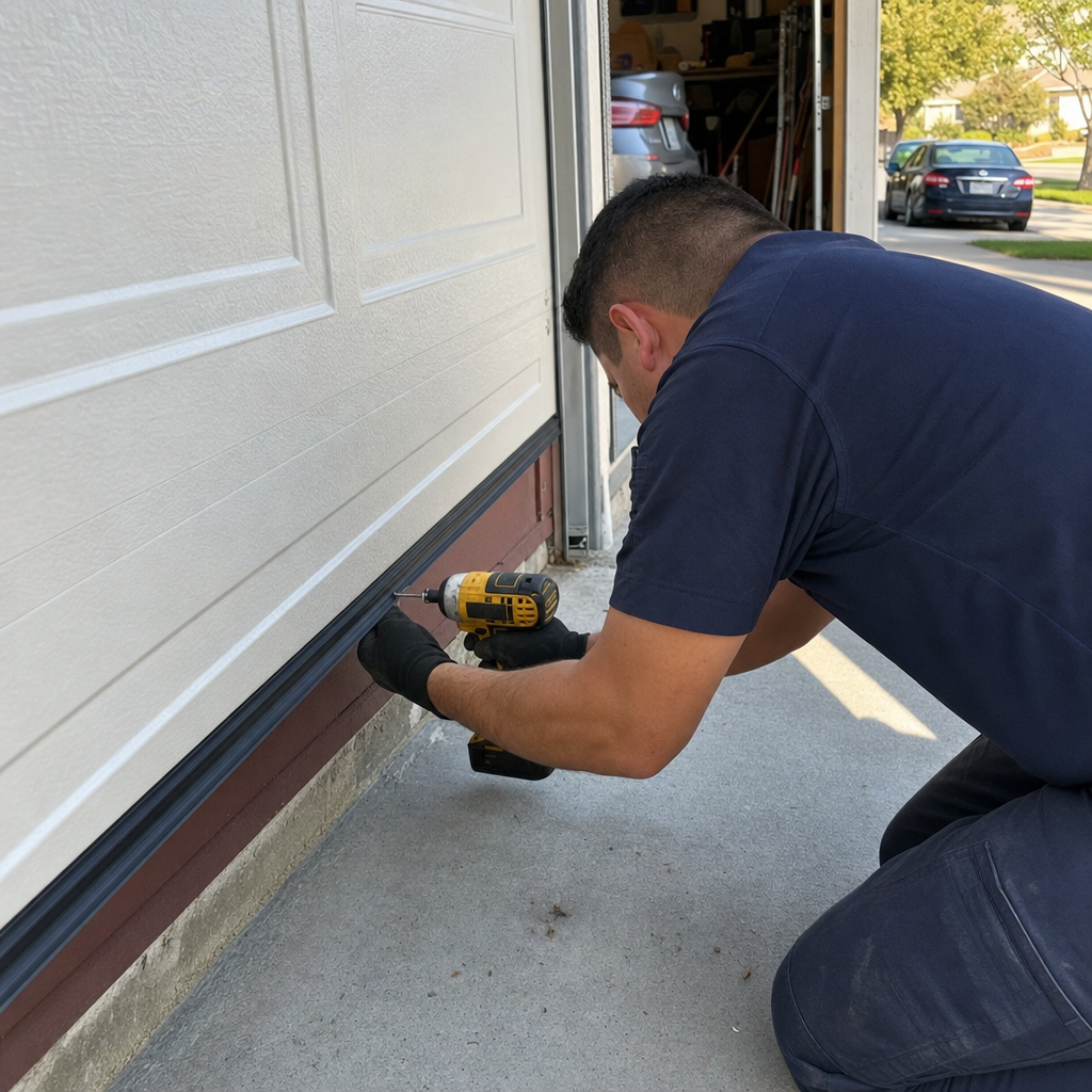 Technician using a power drill to install garage door bottom seal