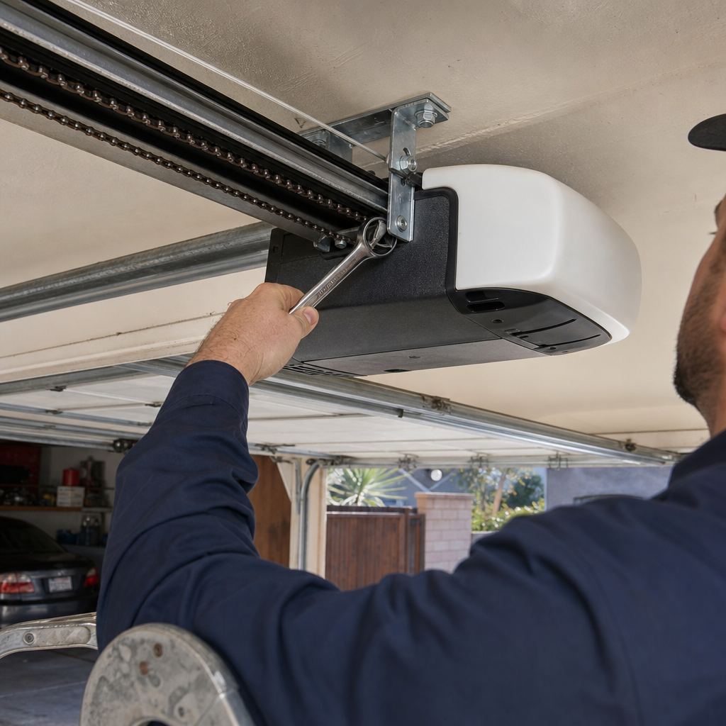 Technician using a wrench to repair a garage door opener motor