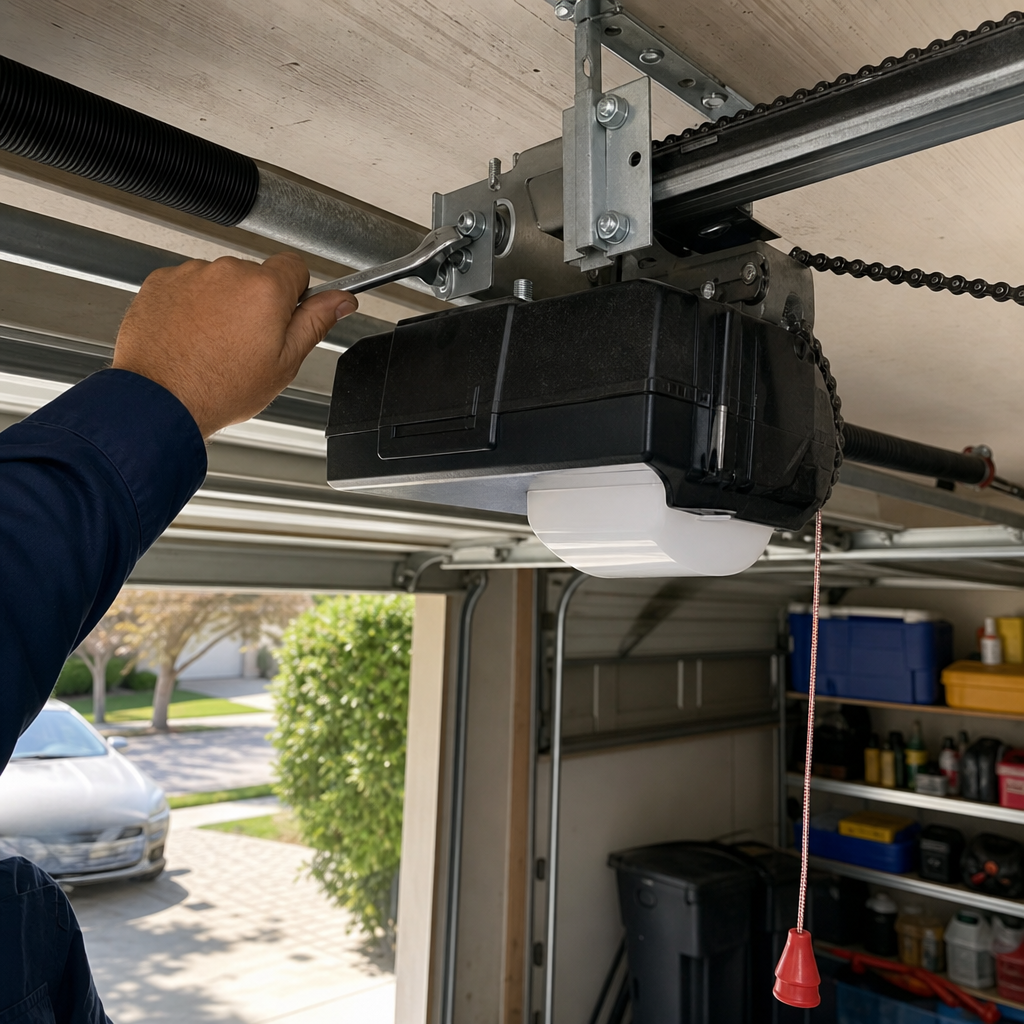 Technician using a wrench for garage door opener motor maintenance repair