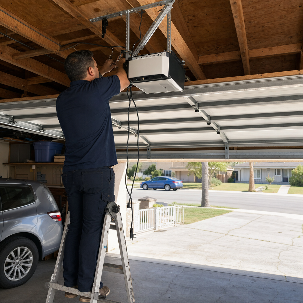Technician performing professional garage door opener installation and maintenance