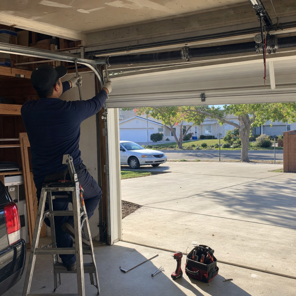 Professional technician repairing residential garage door tracks and spring system