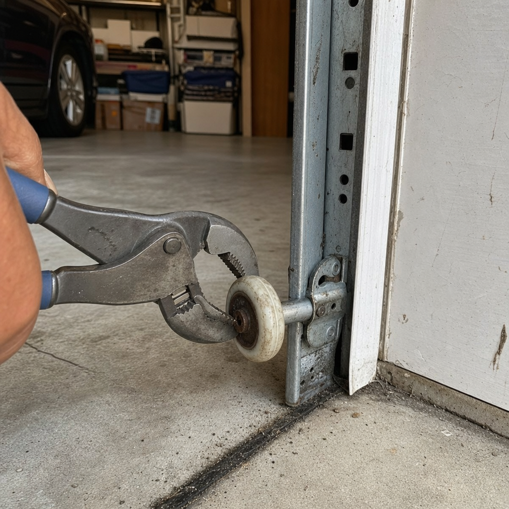 Technician repairing a damaged garage door roller in a metal track