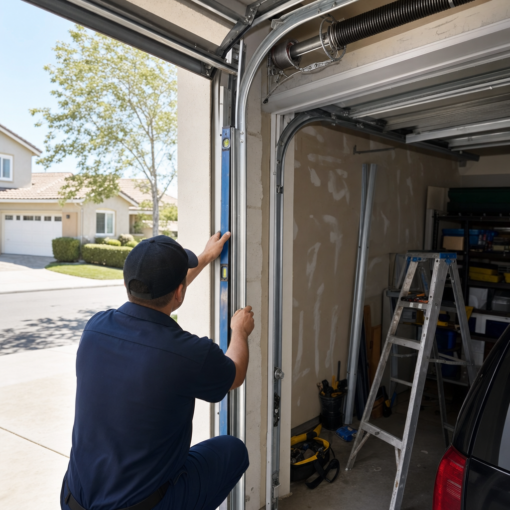Technician checking garage door track alignment with a level tool
