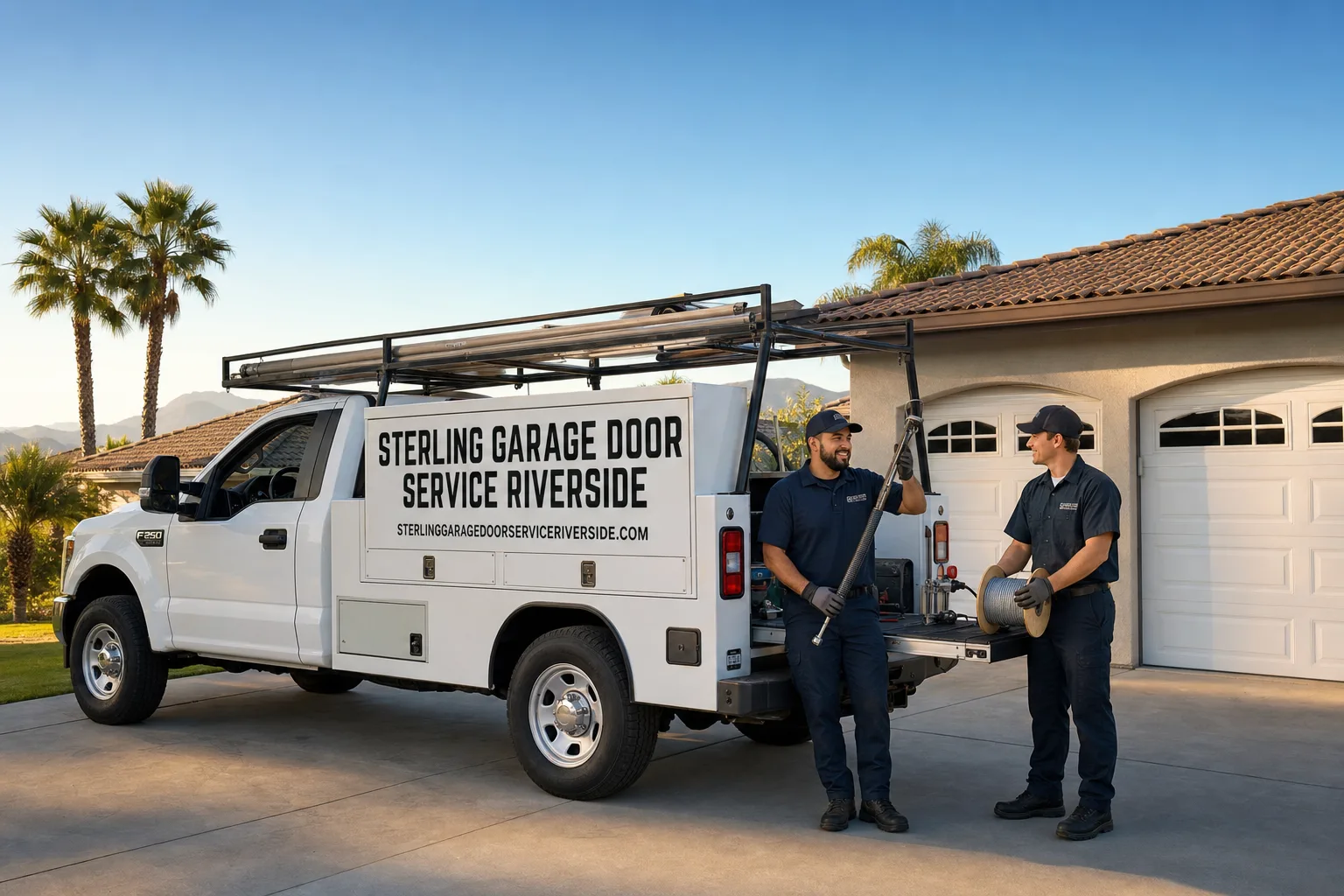 Sterling Garage Door Service Riverside service vehicle and crew in Riverside, CA
